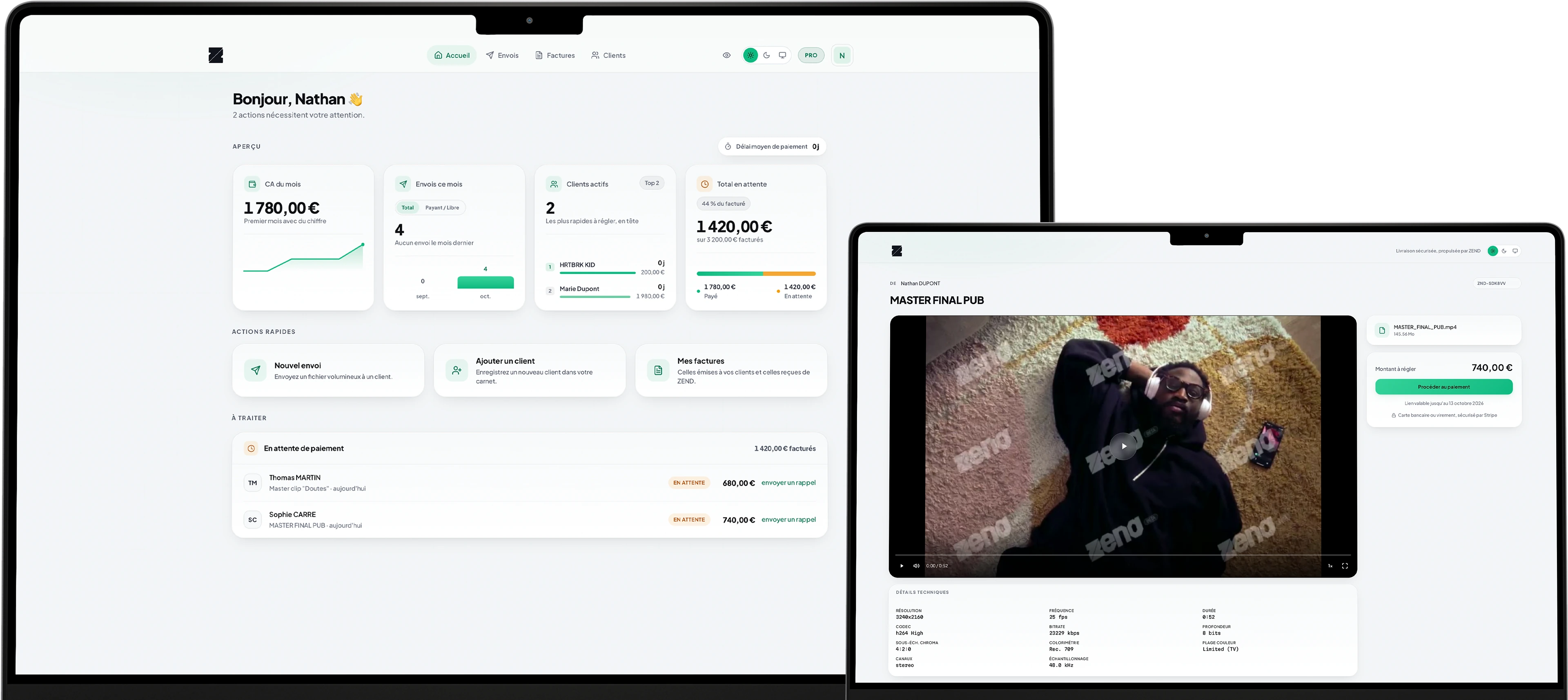 ZEND sur deux écrans : le tableau de bord du freelance, et la page de livraison où son client prévisualise le fichier filigrané avant de payer